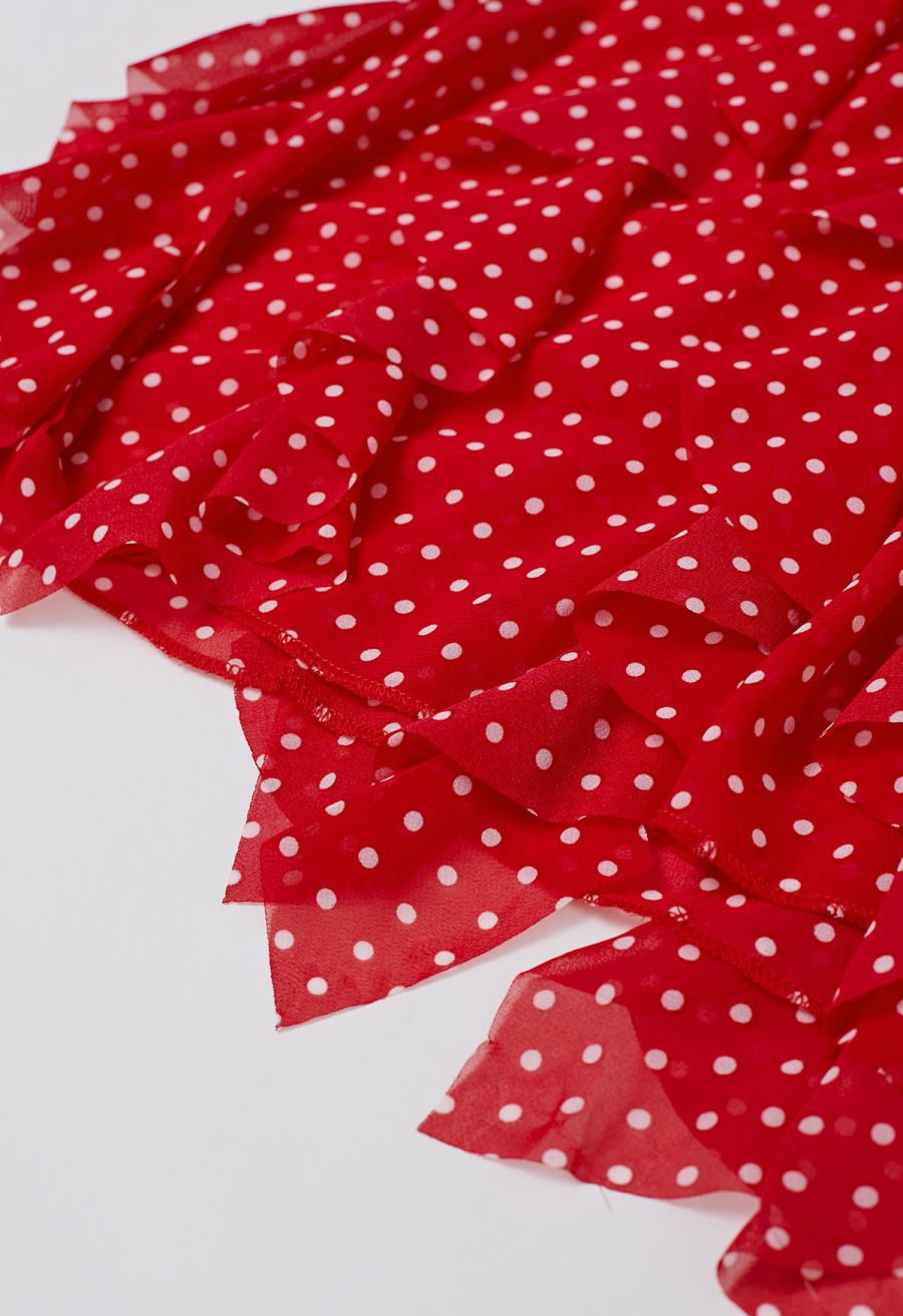 Cascade Ruffle Polka Dot Bowknot Chiffon Maxi Dress in Red