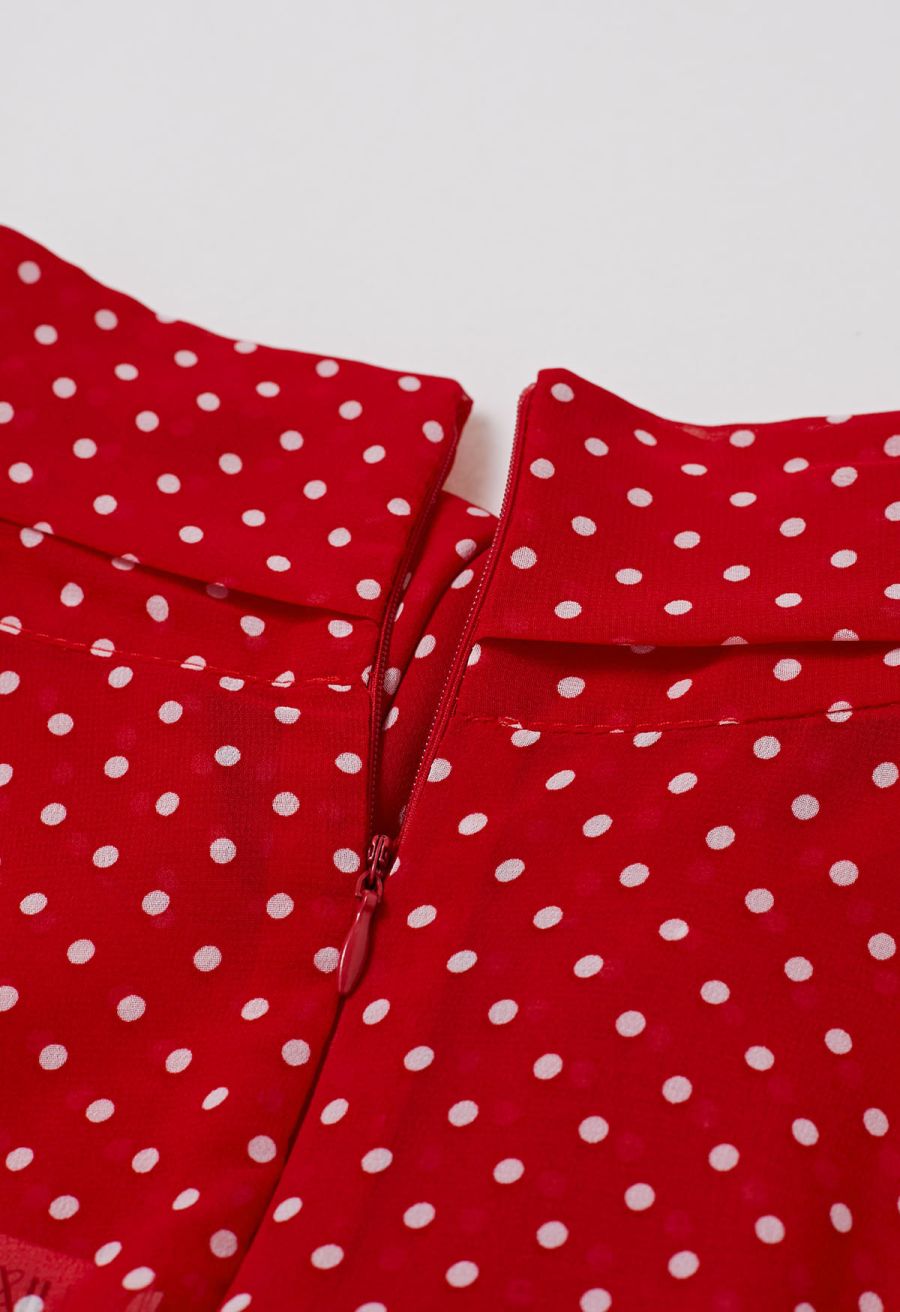 Cascade Ruffle Polka Dot Bowknot Chiffon Maxi Dress in Red