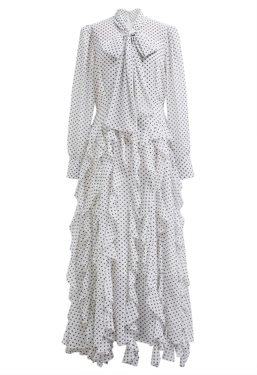 Cascade Ruffle Polka Dot Bowknot Chiffon Maxi Dress in White