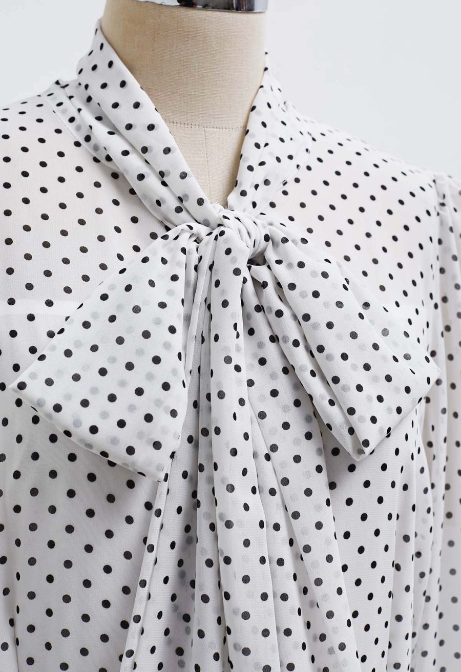 Cascade Ruffle Polka Dot Bowknot Chiffon Maxi Dress in White