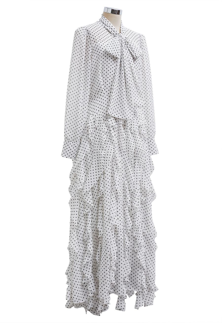 Cascade Ruffle Polka Dot Bowknot Chiffon Maxi Dress in White