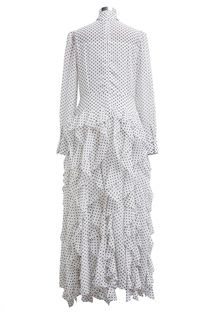 Cascade Ruffle Polka Dot Bowknot Chiffon Maxi Dress in White