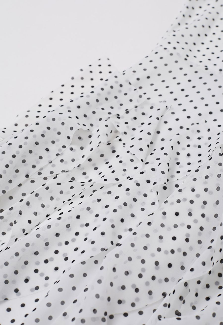 Cascade Ruffle Polka Dot Bowknot Chiffon Maxi Dress in White