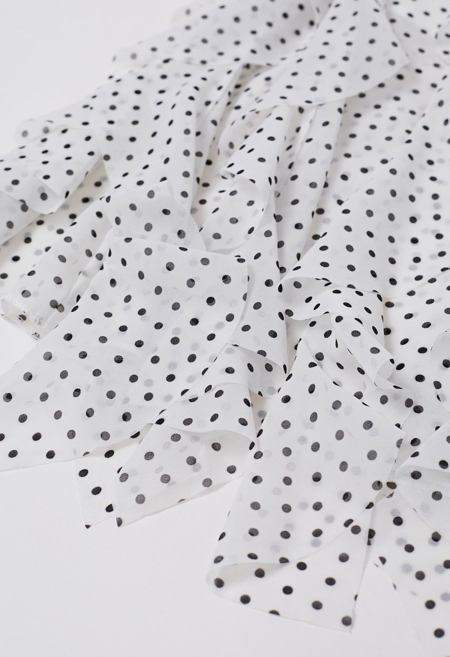 Cascade Ruffle Polka Dot Bowknot Chiffon Maxi Dress in White