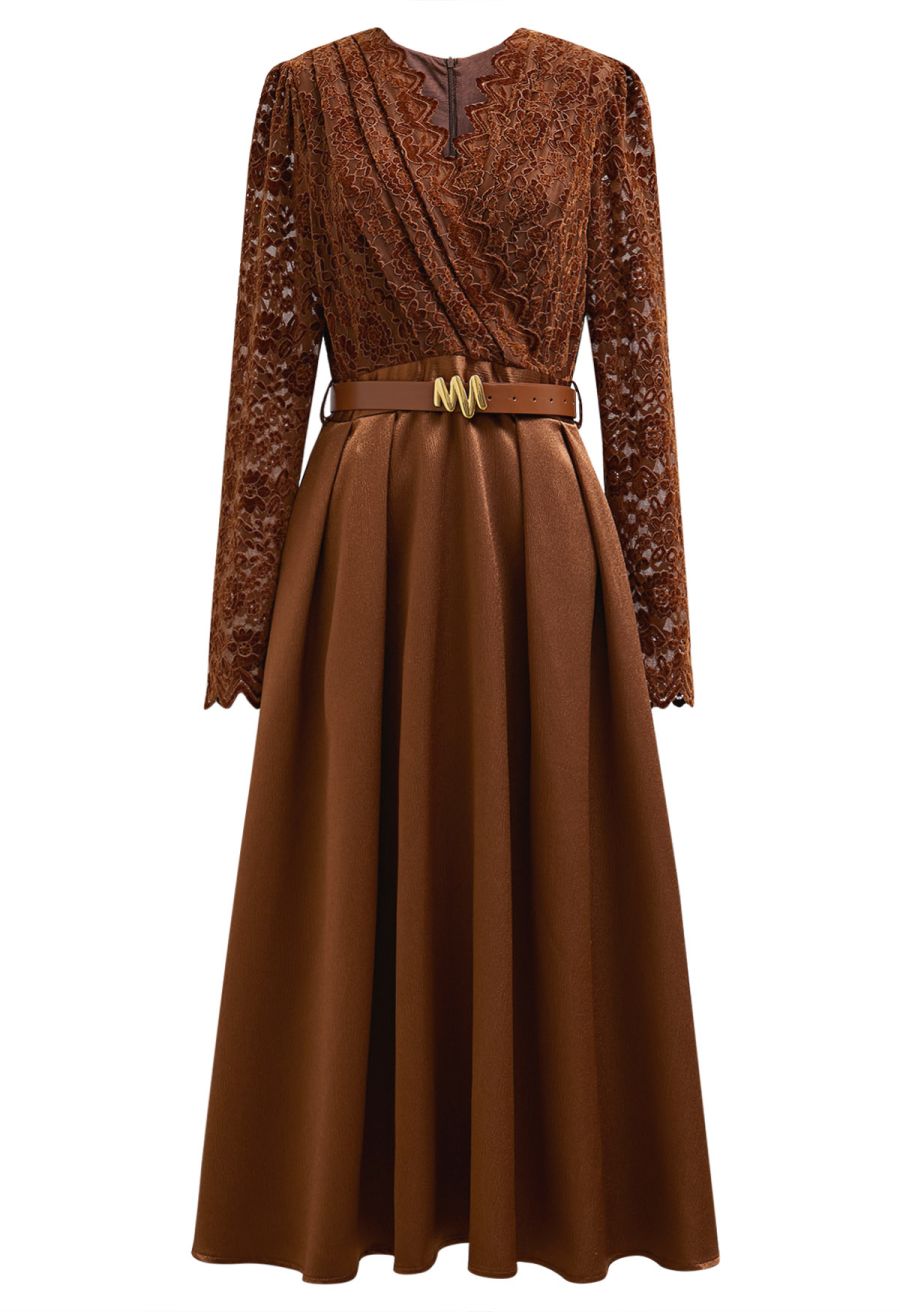 Velvet Floral Lace Spliced Belted Sheen Midi Dress in Caramel