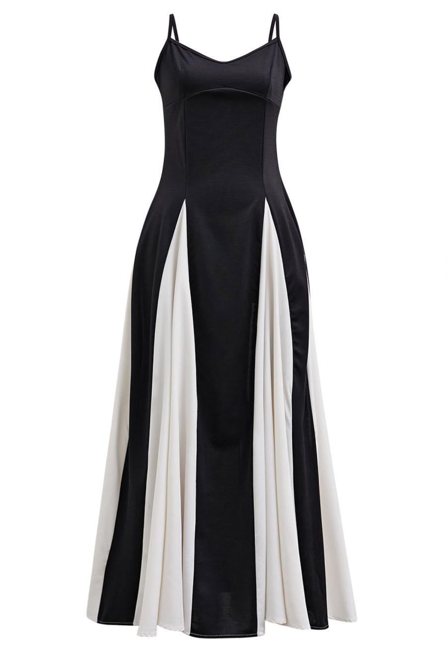 Stylish Contrast Color Panel Cami Maxi Dress in Ivory