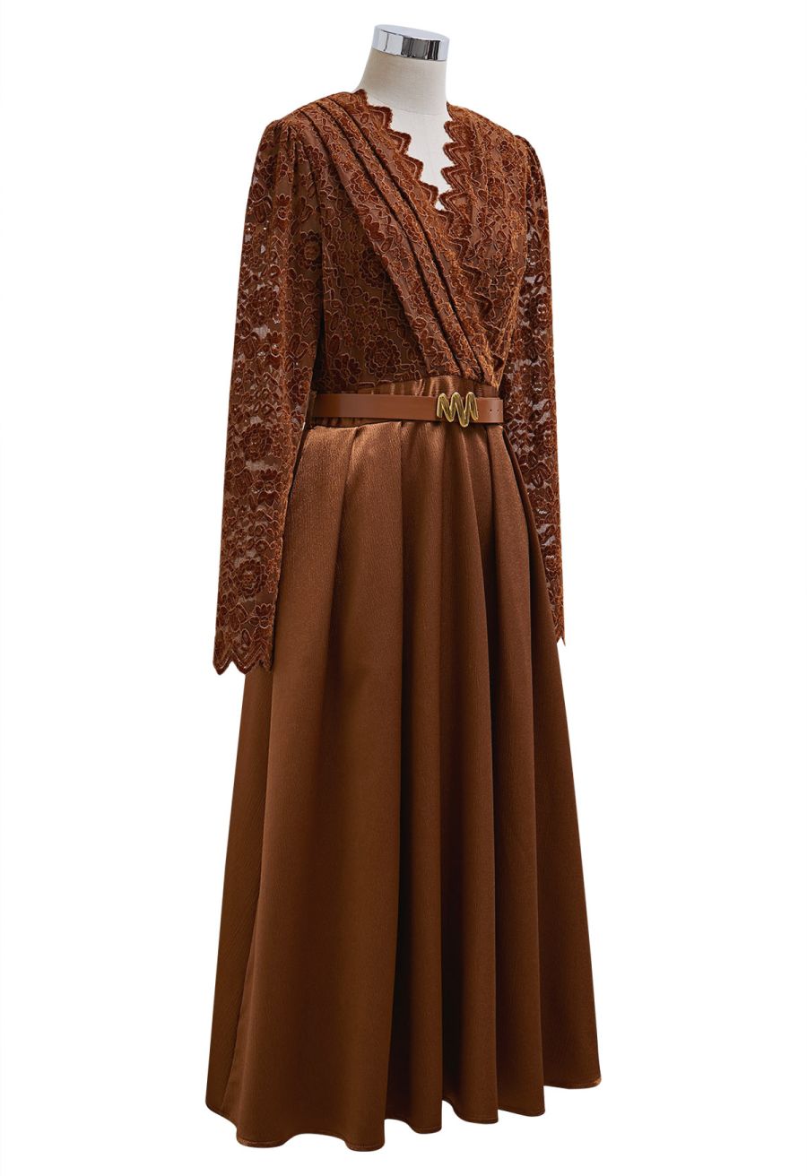 Velvet Floral Lace Spliced Belted Sheen Midi Dress in Caramel
