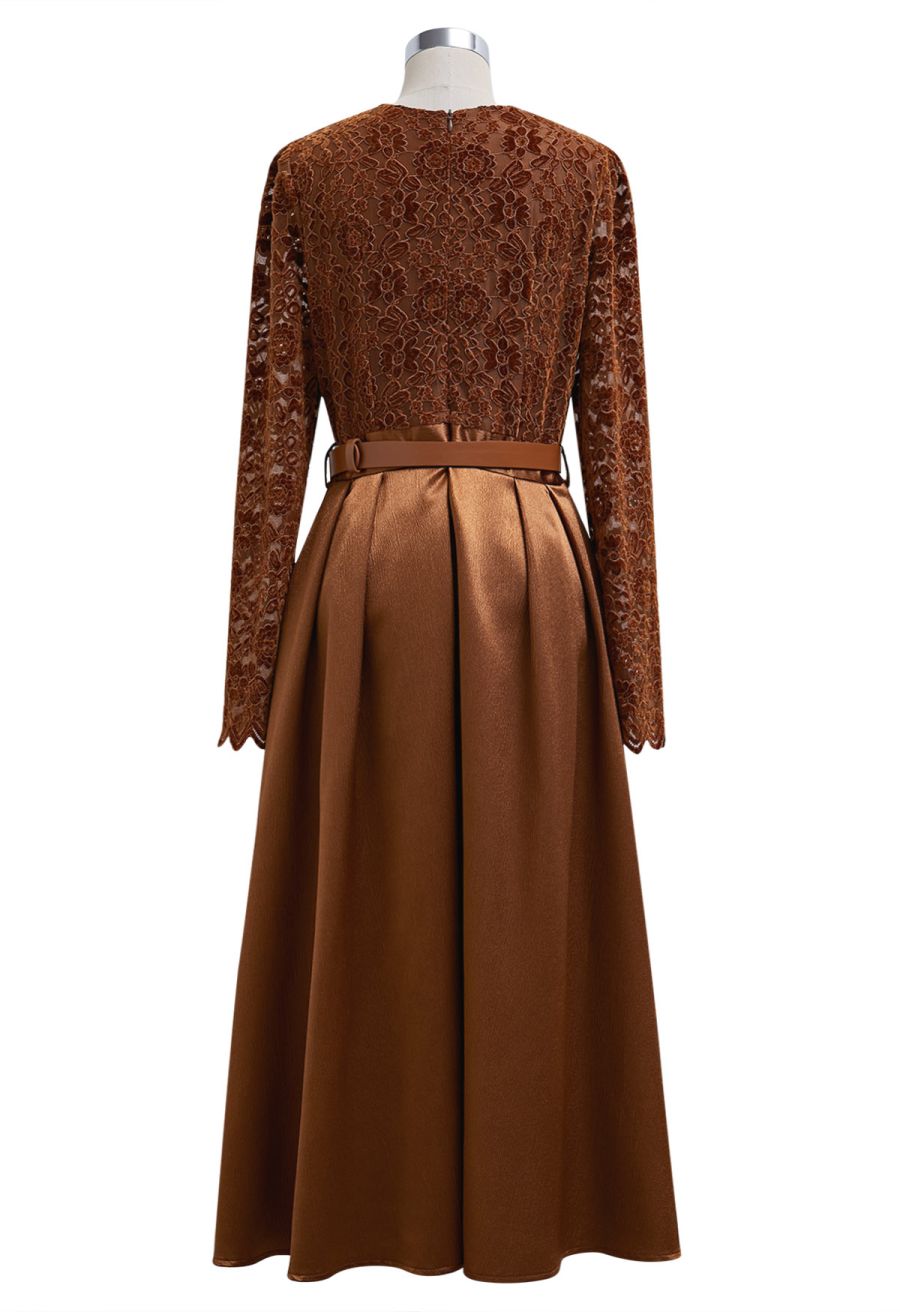 Velvet Floral Lace Spliced Belted Sheen Midi Dress in Caramel
