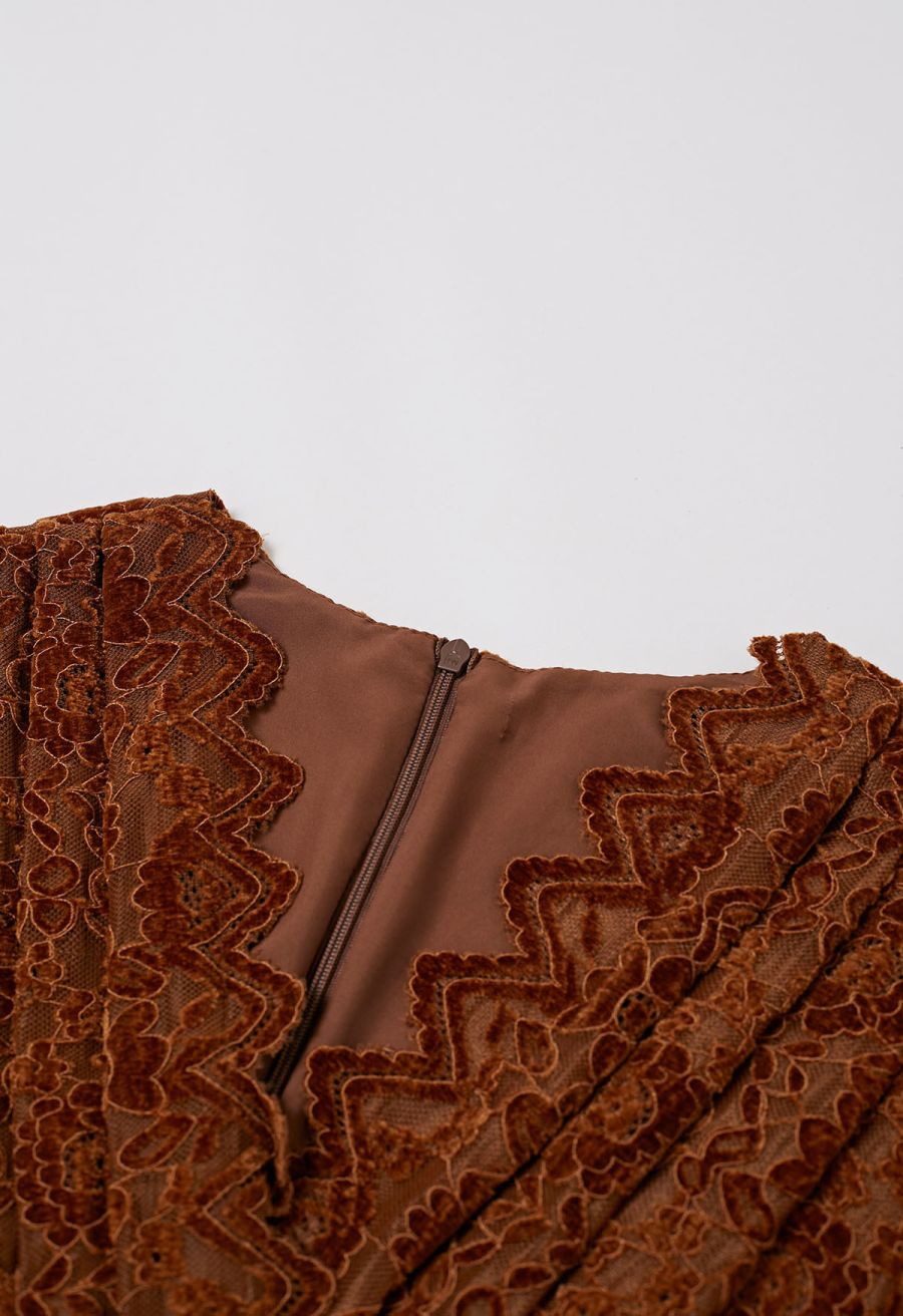 Velvet Floral Lace Spliced Belted Sheen Midi Dress in Caramel