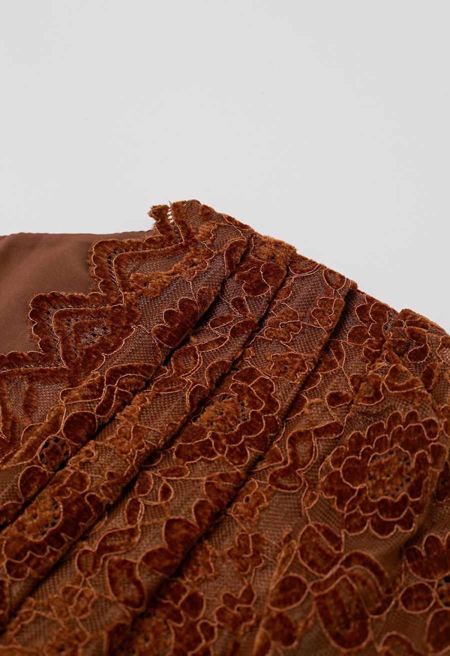 Velvet Floral Lace Spliced Belted Sheen Midi Dress in Caramel