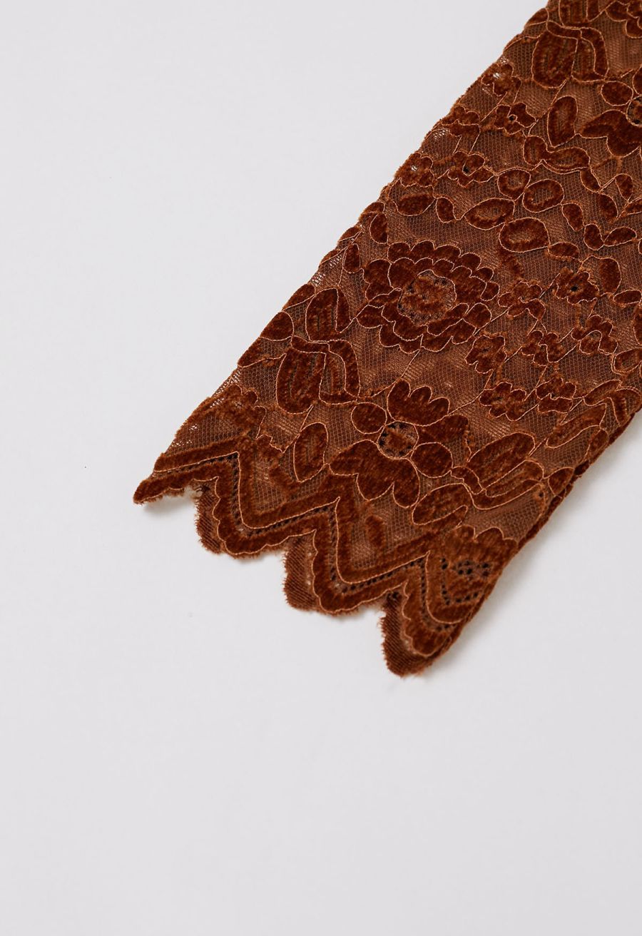 Velvet Floral Lace Spliced Belted Sheen Midi Dress in Caramel