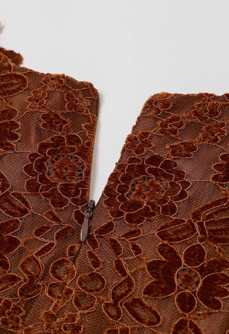 Velvet Floral Lace Spliced Belted Sheen Midi Dress in Caramel