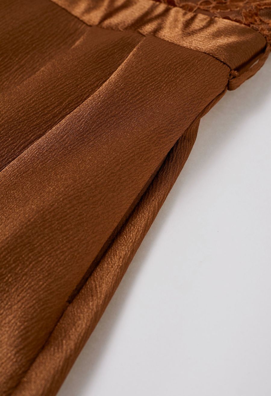 Velvet Floral Lace Spliced Belted Sheen Midi Dress in Caramel