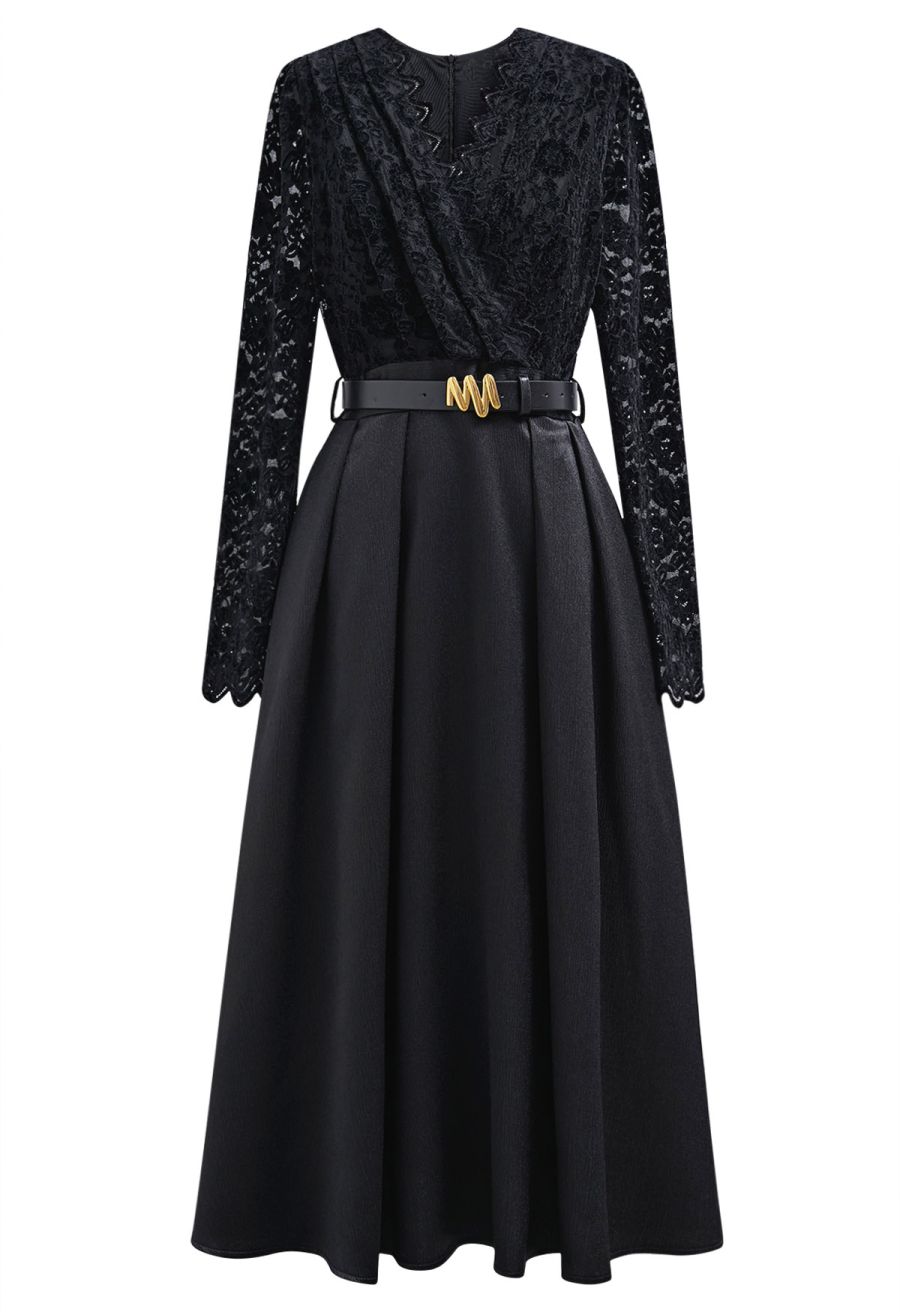 Velvet Floral Lace Spliced Belted Sheen Midi Dress in Black