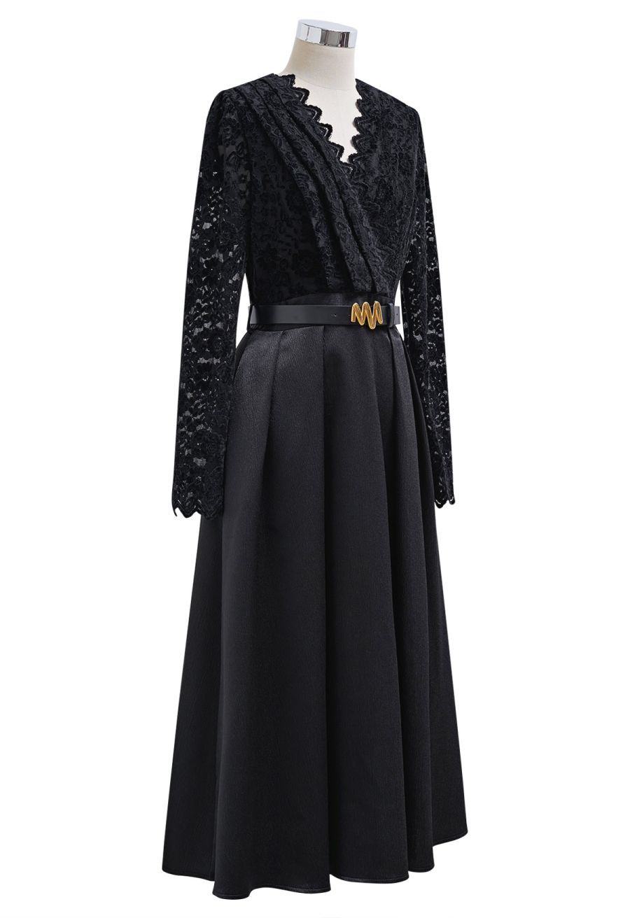 Velvet Floral Lace Spliced Belted Sheen Midi Dress in Black