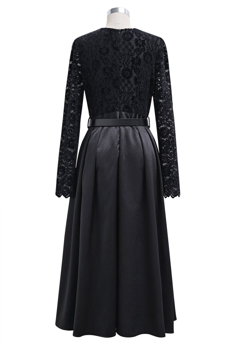 Velvet Floral Lace Spliced Belted Sheen Midi Dress in Black