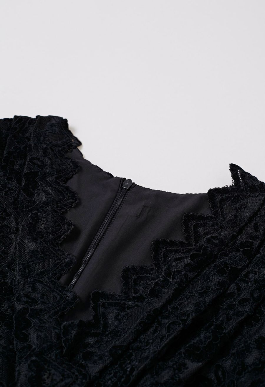 Velvet Floral Lace Spliced Belted Sheen Midi Dress in Black