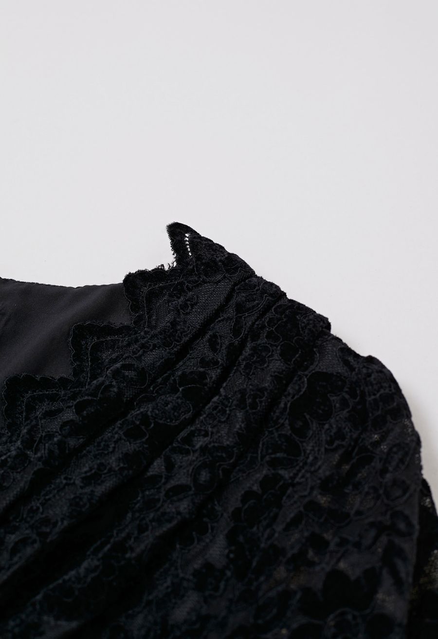 Velvet Floral Lace Spliced Belted Sheen Midi Dress in Black