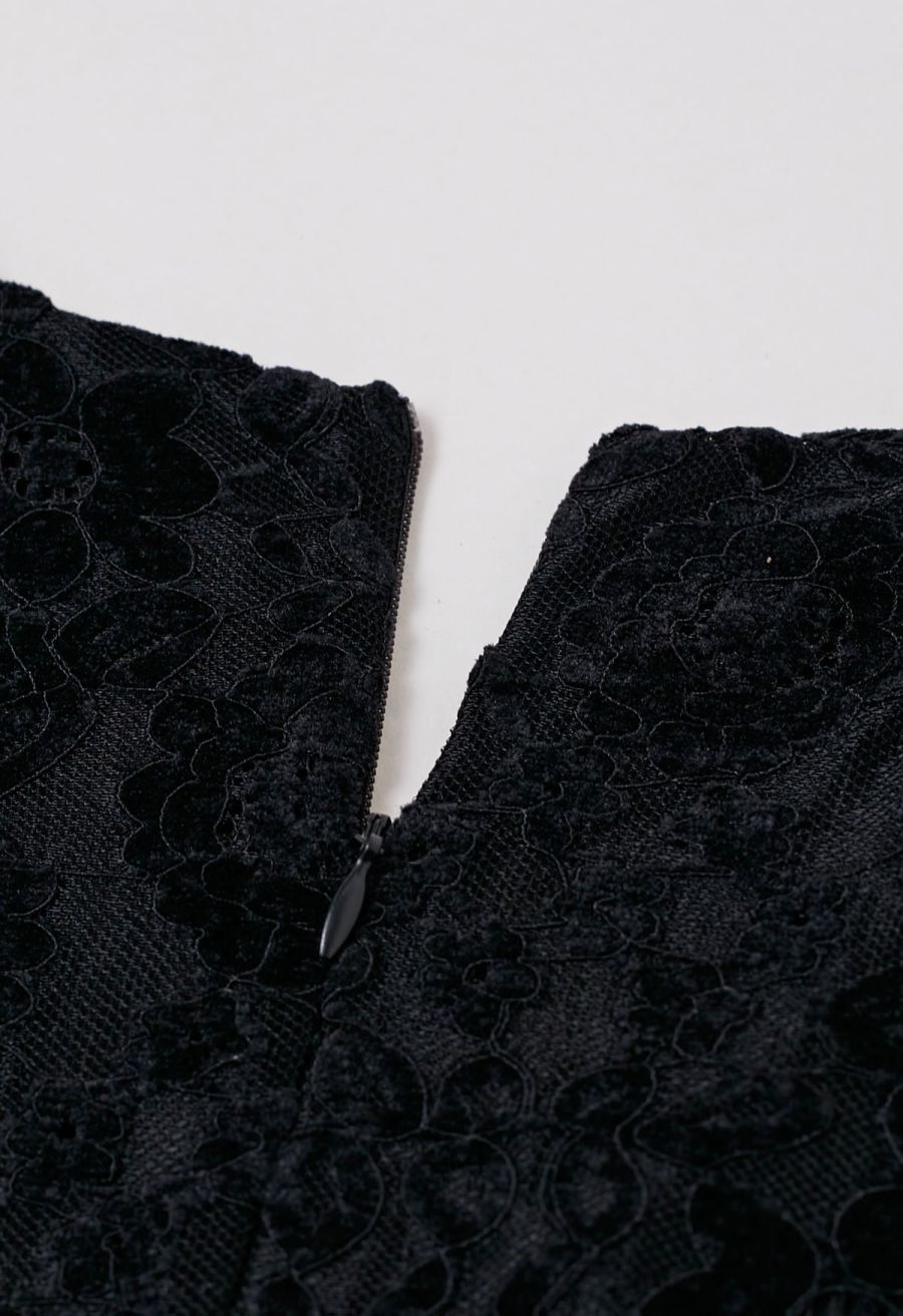 Velvet Floral Lace Spliced Belted Sheen Midi Dress in Black