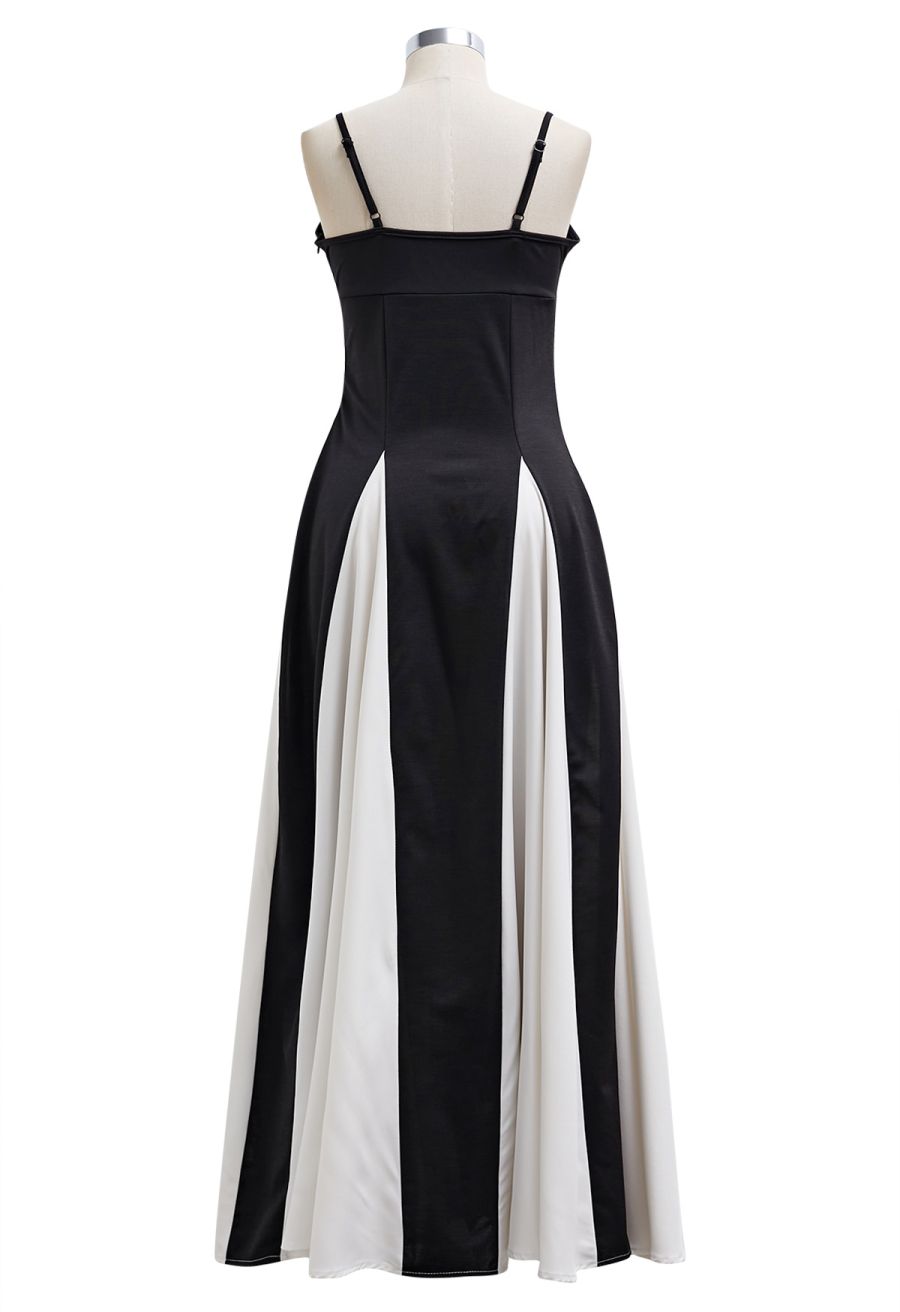 Stylish Contrast Color Panel Cami Maxi Dress in Ivory