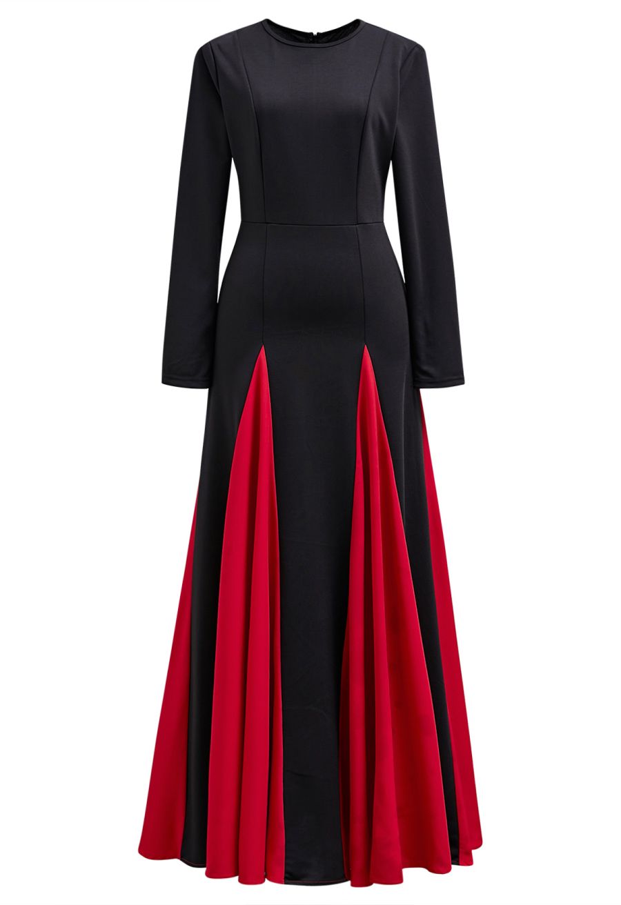 Long Sleeve Contrast Color Panel Maxi Dress in Red