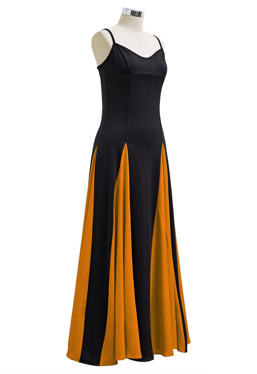 Stylish Contrast Color Panel Cami Maxi Dress in Pumpkin