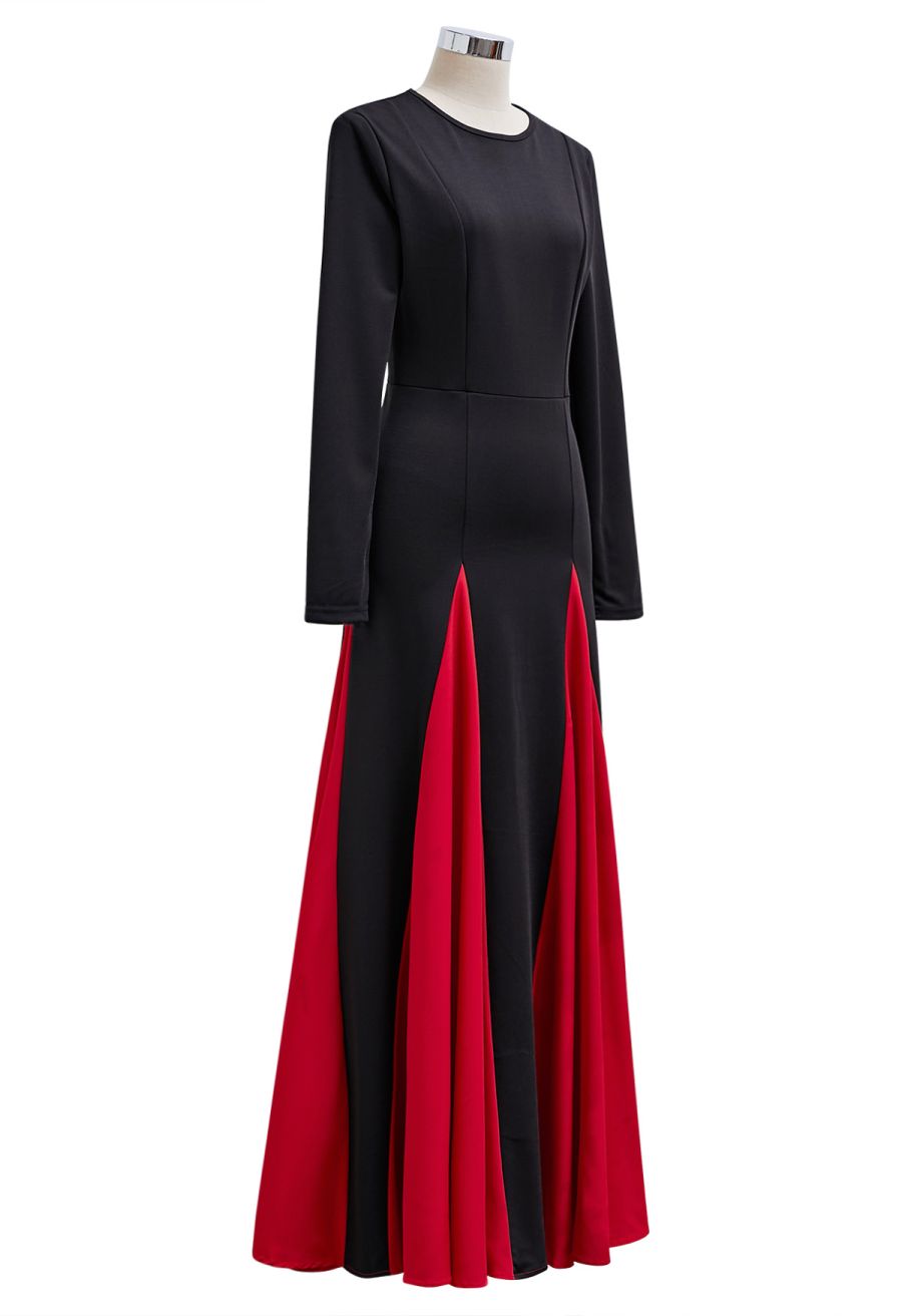 Long Sleeve Contrast Color Panel Maxi Dress in Red