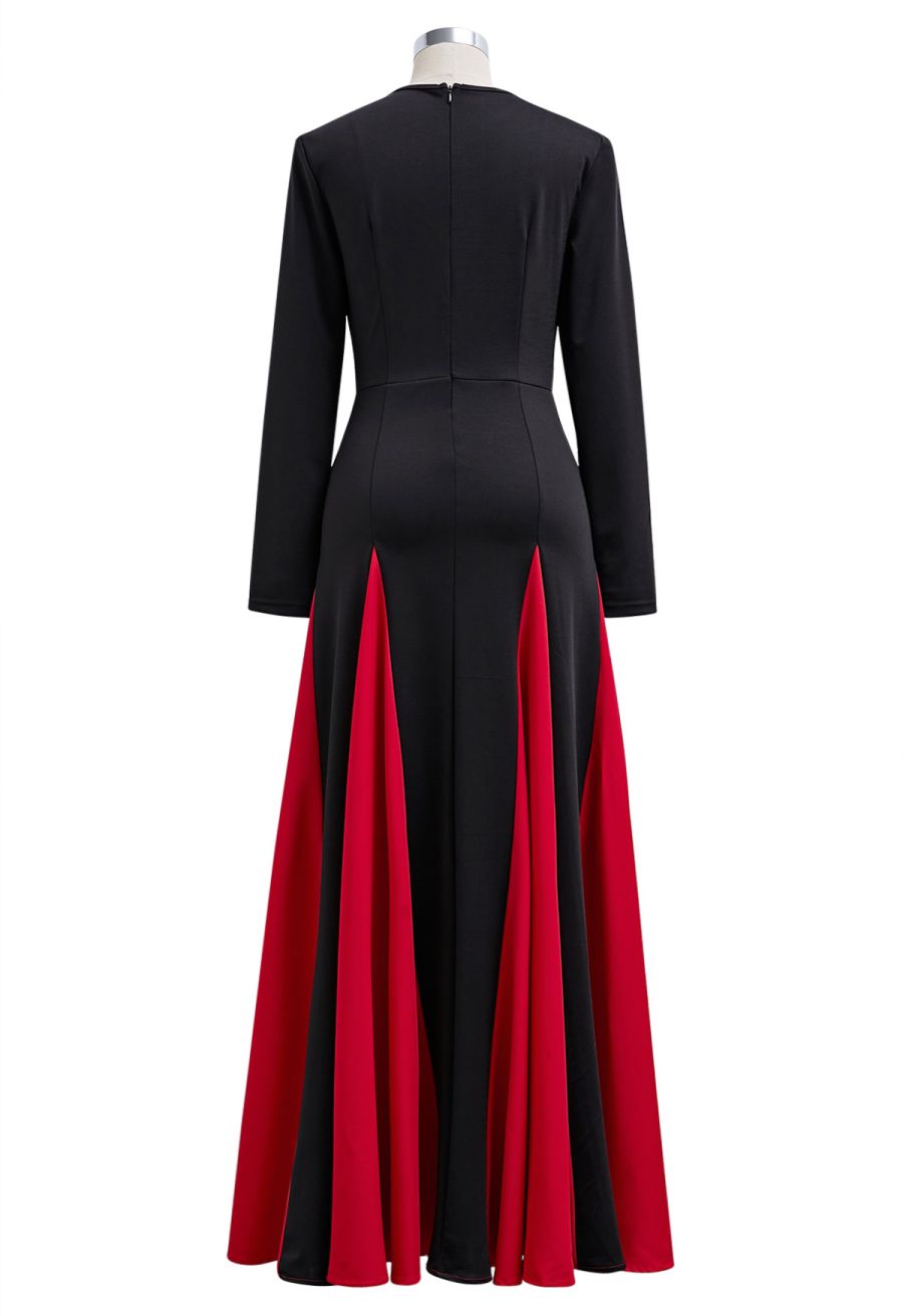 Long Sleeve Contrast Color Panel Maxi Dress in Red
