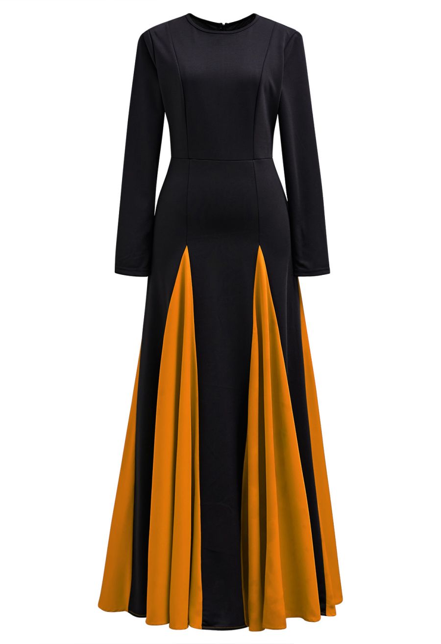 Long Sleeve Contrast Color Panel Maxi Dress in Pumpkin