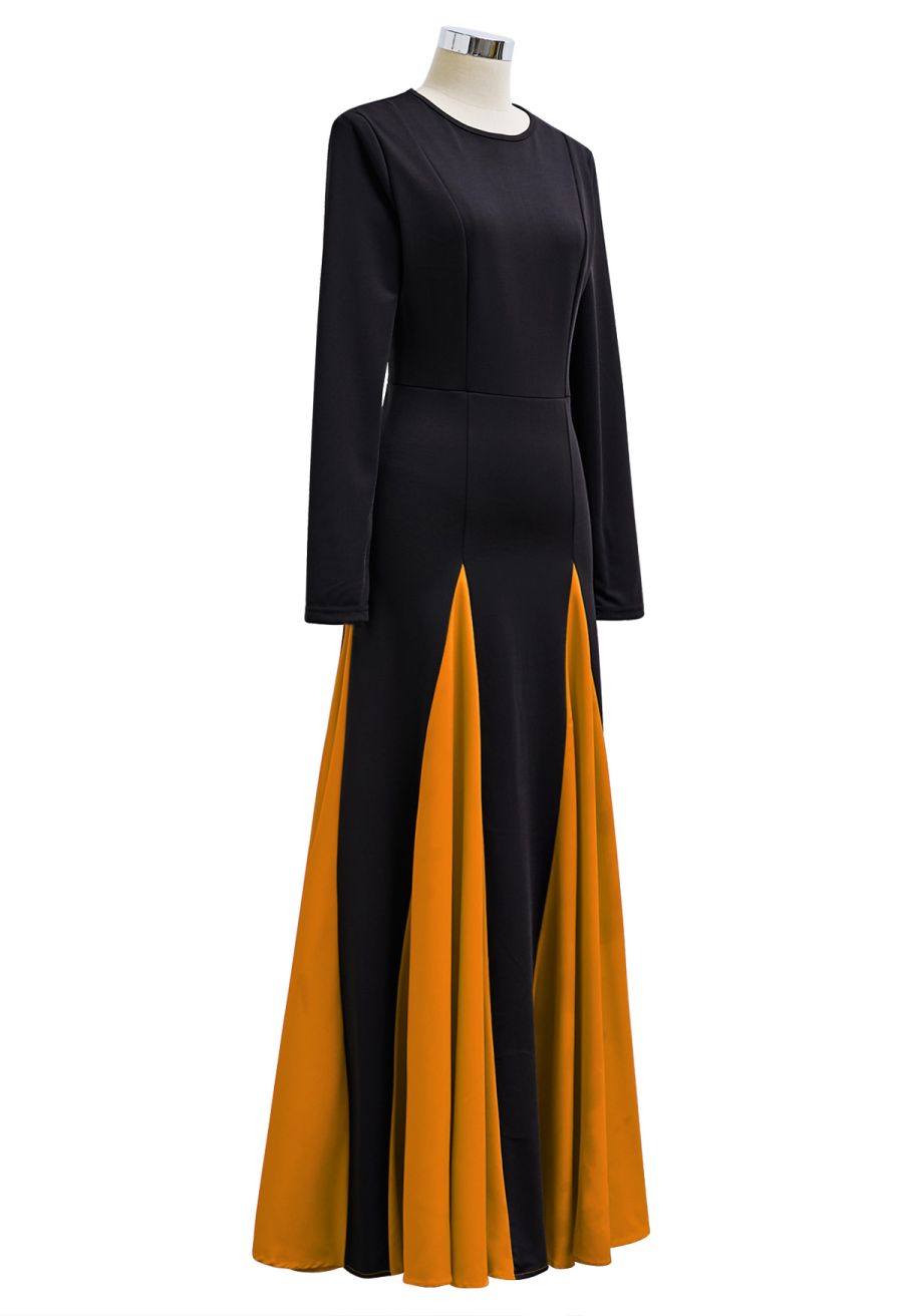 Long Sleeve Contrast Color Panel Maxi Dress in Pumpkin