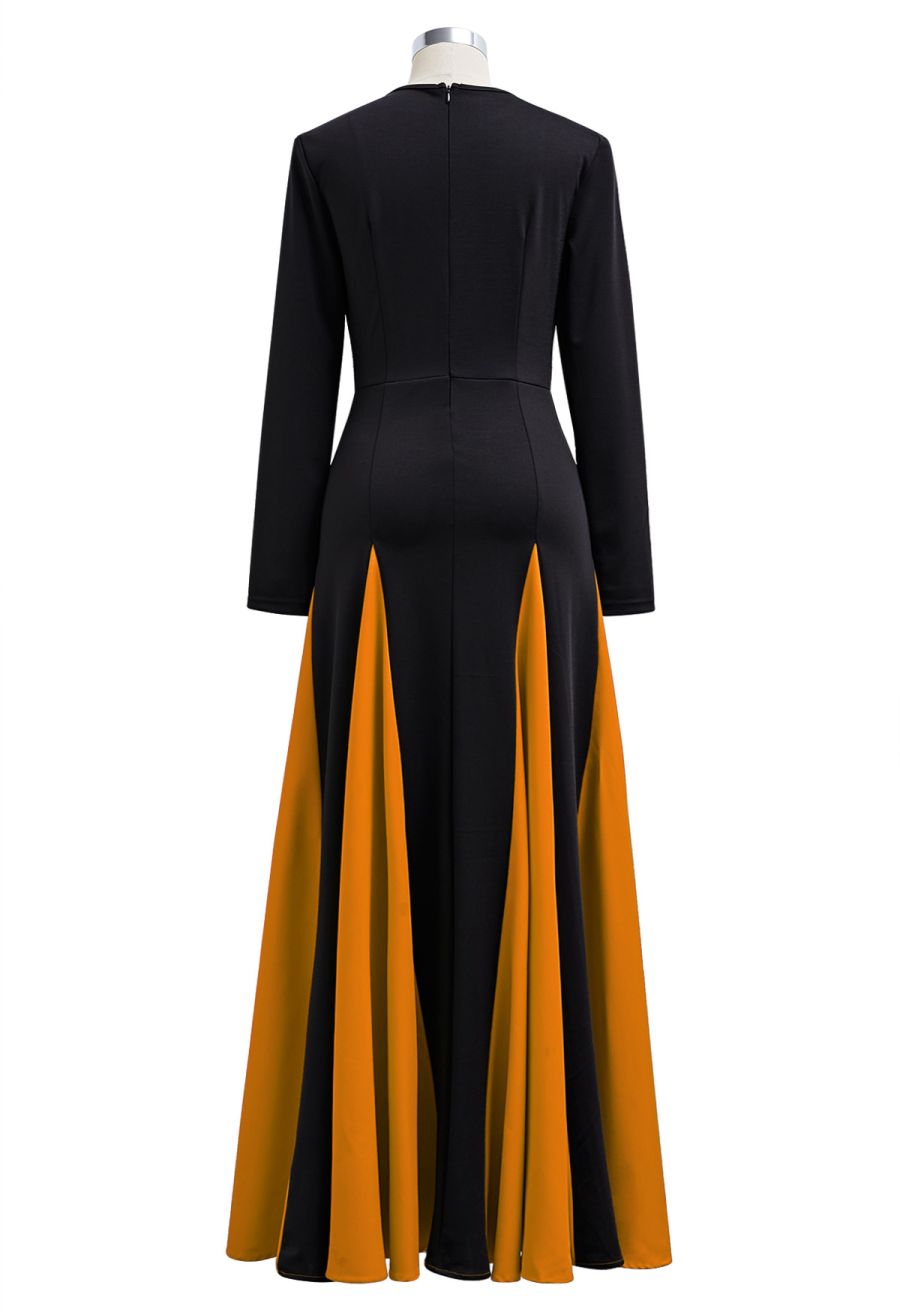 Long Sleeve Contrast Color Panel Maxi Dress in Pumpkin