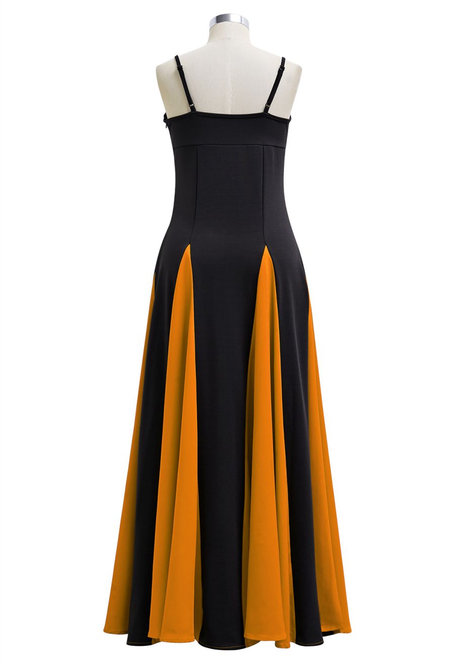 Stylish Contrast Color Panel Cami Maxi Dress in Pumpkin