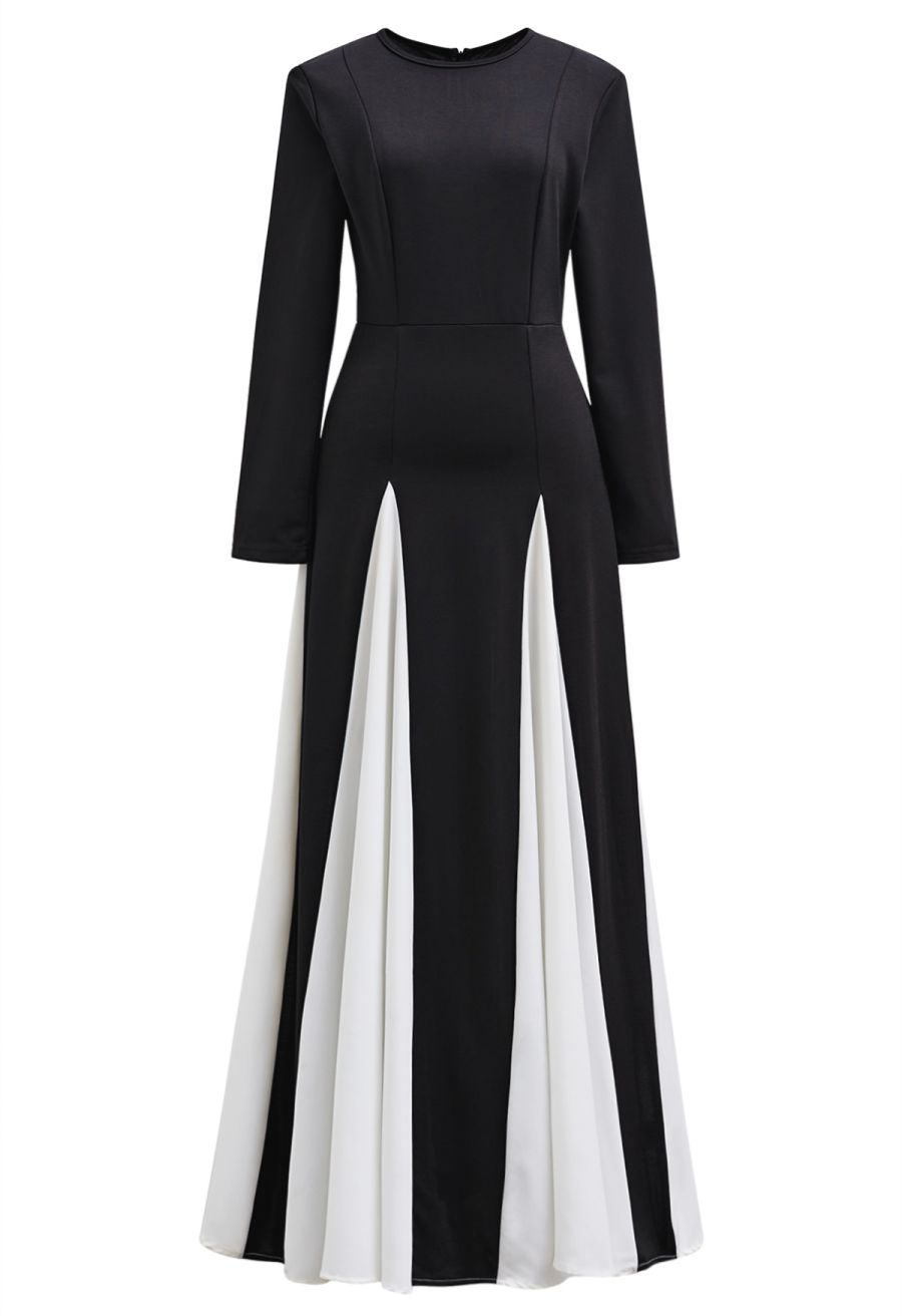 Long Sleeve Contrast Color Panel Maxi Dress in White
