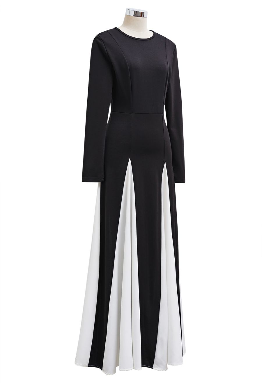 Long Sleeve Contrast Color Panel Maxi Dress in White