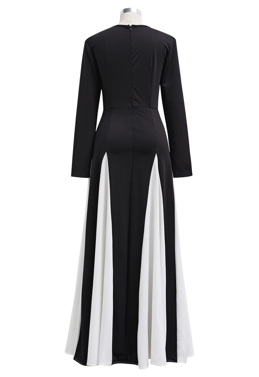Long Sleeve Contrast Color Panel Maxi Dress in White