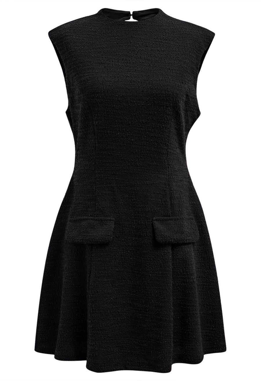 Open Back Sleeveless Tweed Mini Dress in Black
