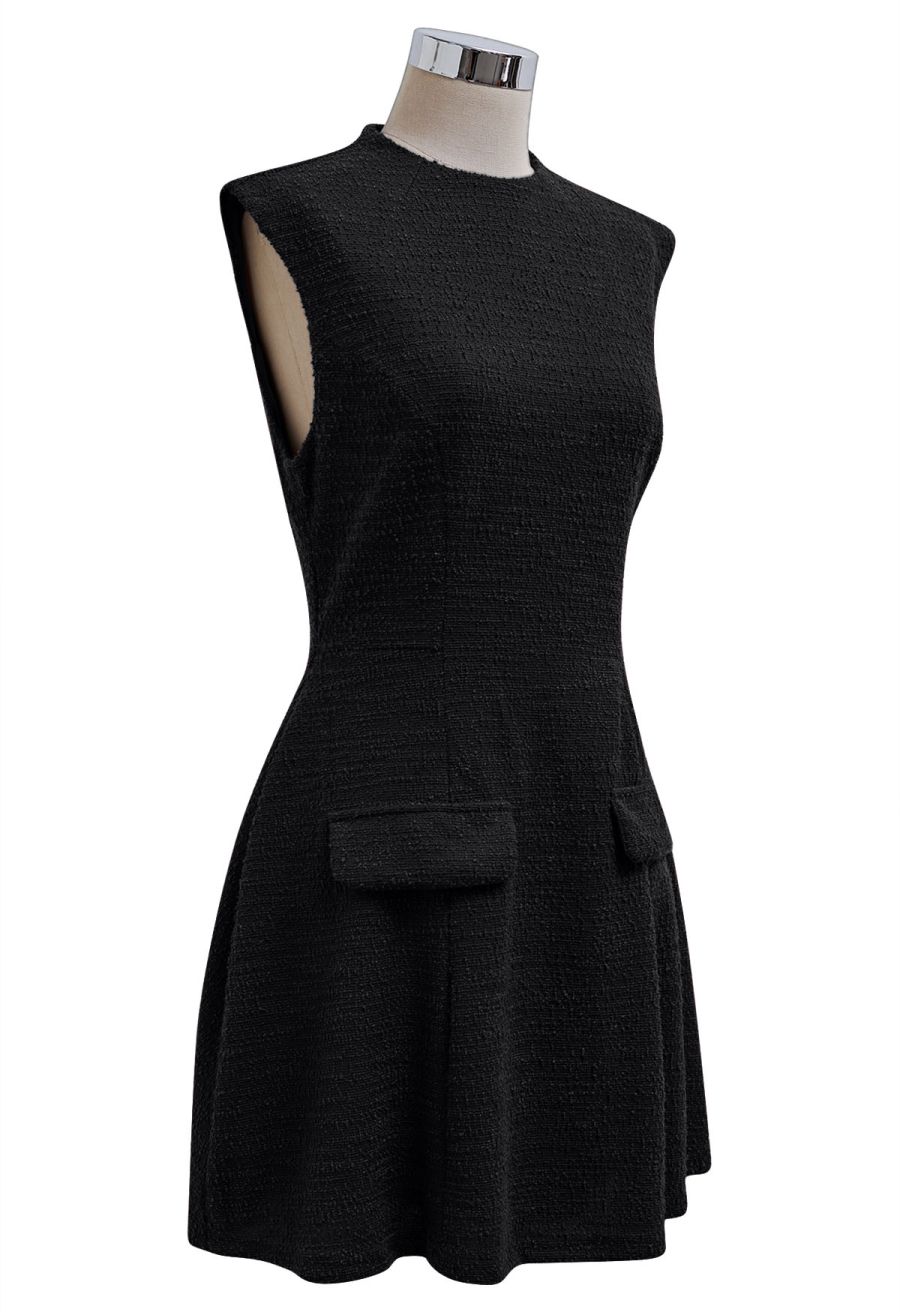 Open Back Sleeveless Tweed Mini Dress in Black