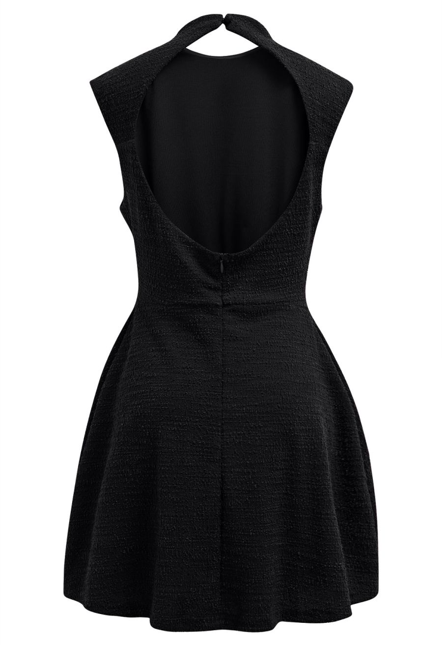Open Back Sleeveless Tweed Mini Dress in Black