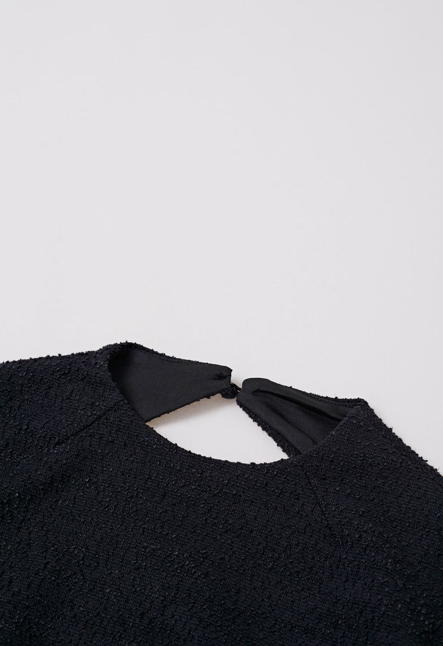 Open Back Sleeveless Tweed Mini Dress in Black