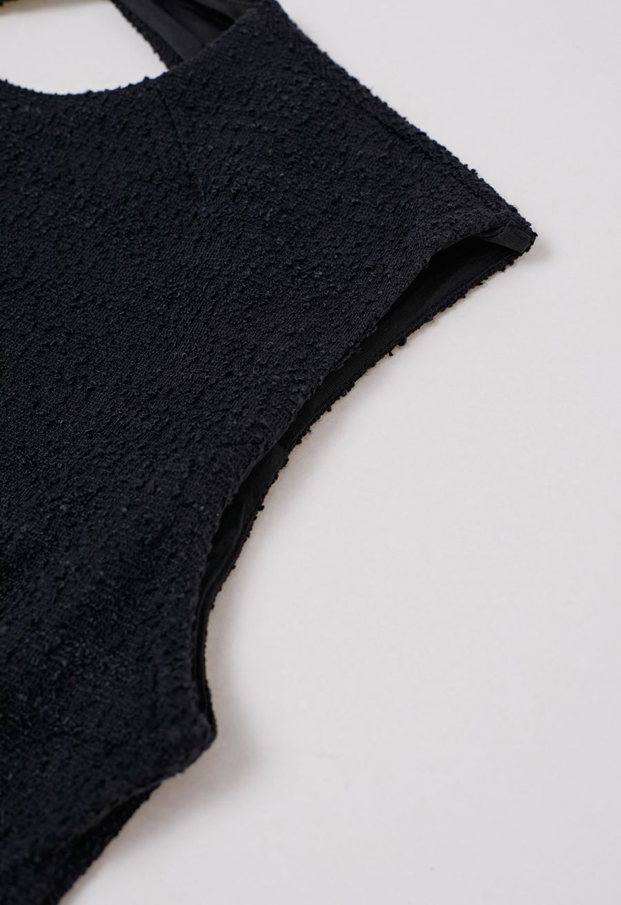 Open Back Sleeveless Tweed Mini Dress in Black