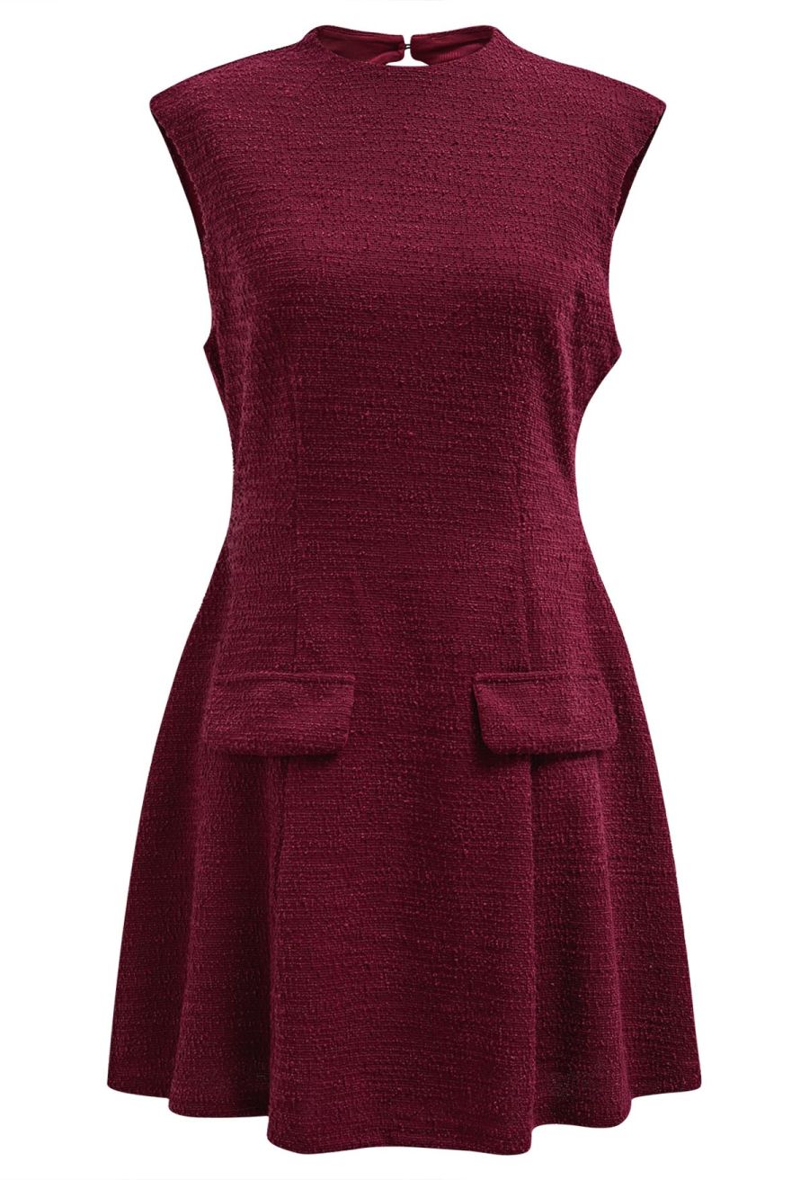 Open Back Sleeveless Tweed Mini Dress in Burgundy