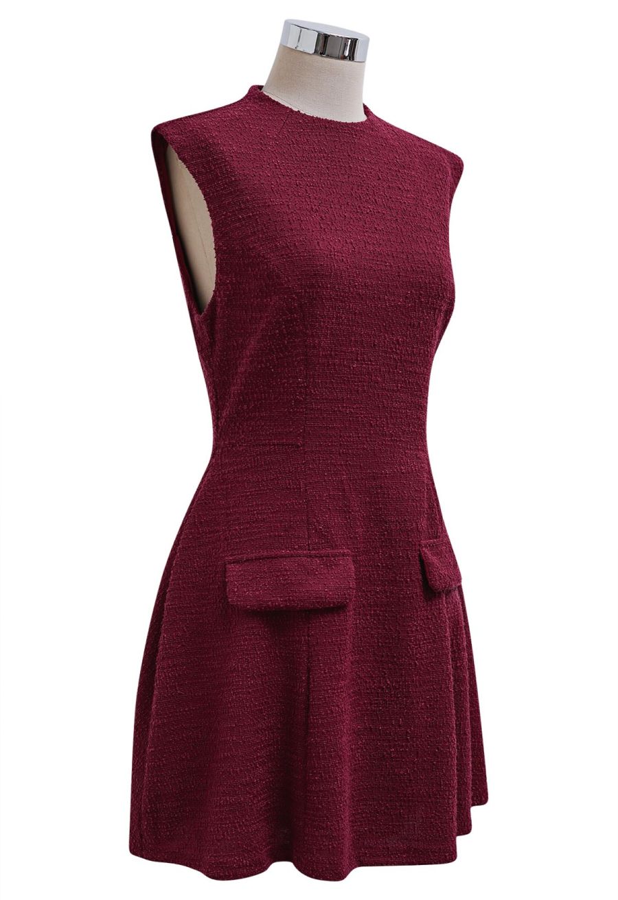 Open Back Sleeveless Tweed Mini Dress in Burgundy