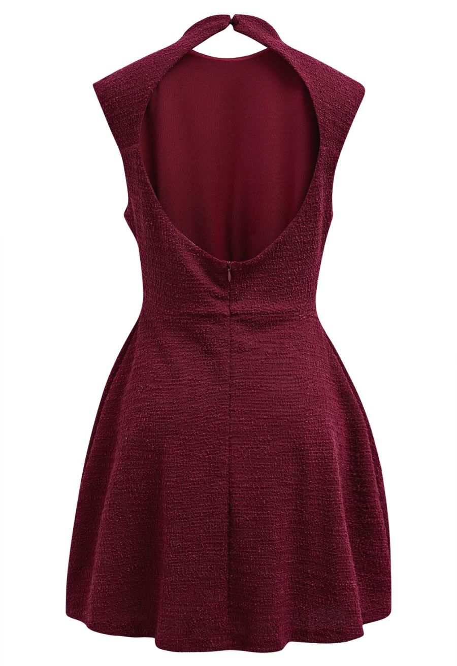 Open Back Sleeveless Tweed Mini Dress in Burgundy