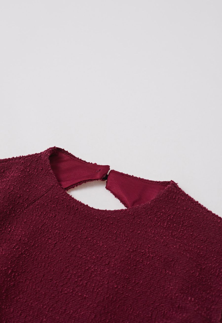 Open Back Sleeveless Tweed Mini Dress in Burgundy