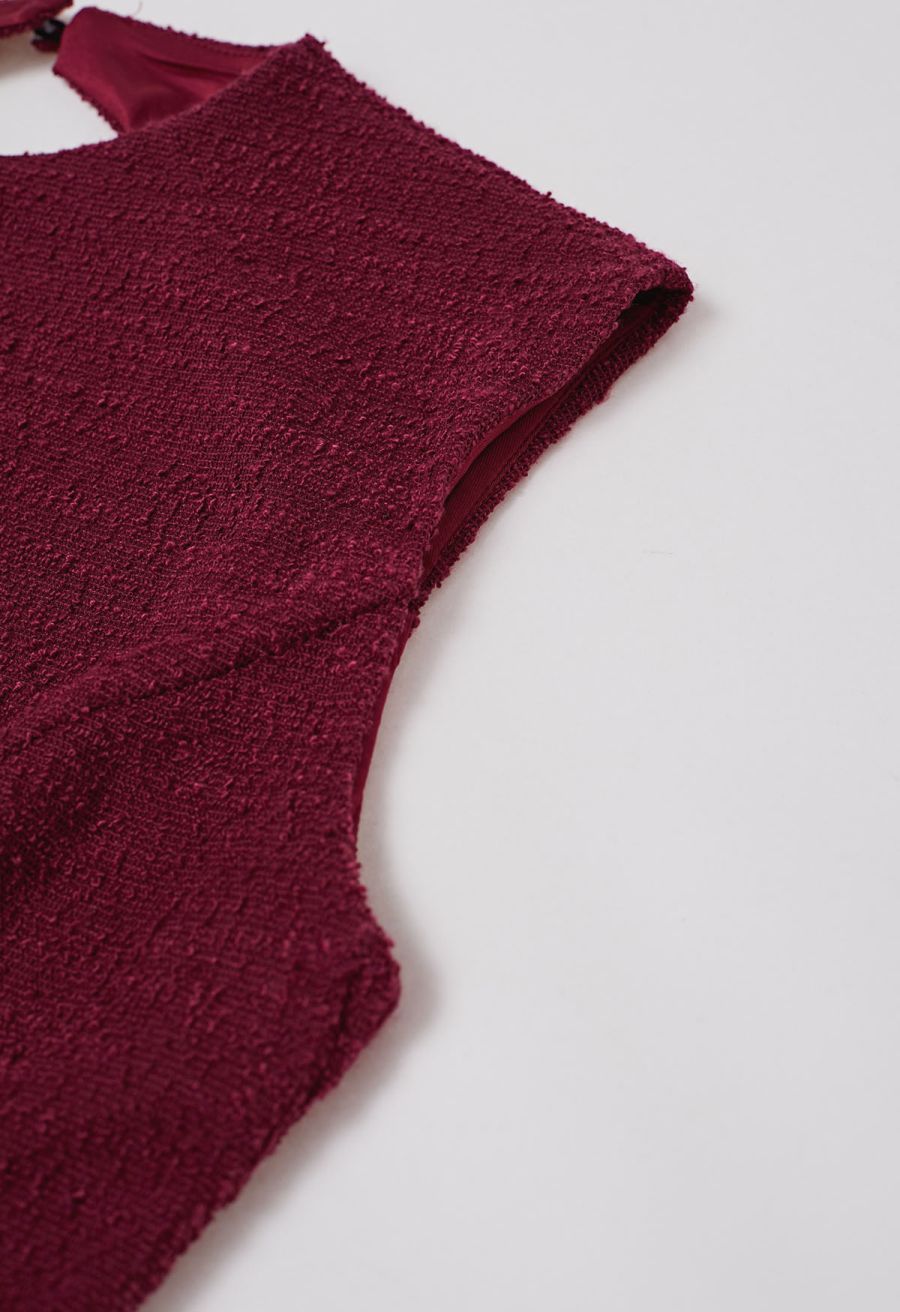 Open Back Sleeveless Tweed Mini Dress in Burgundy