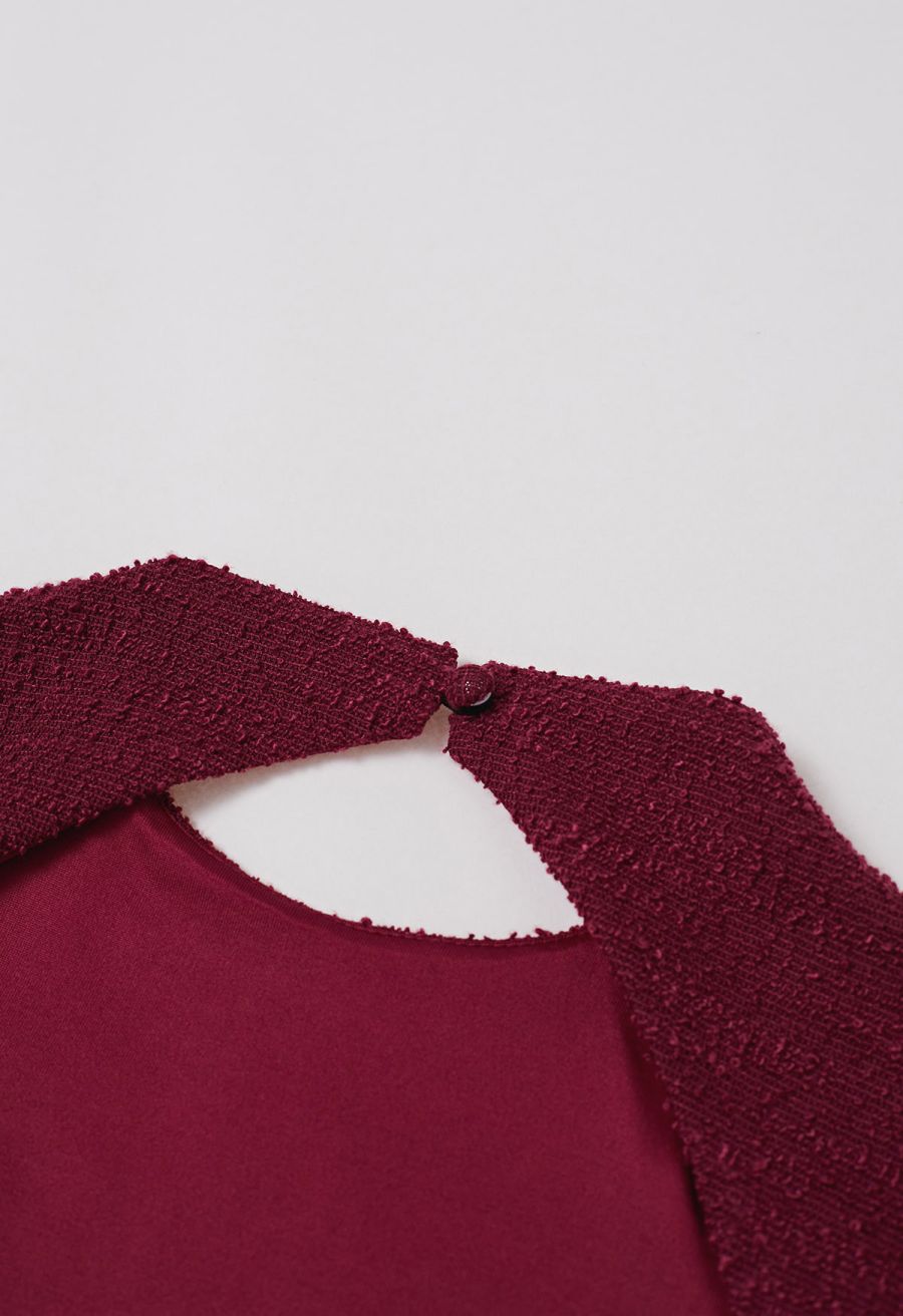 Open Back Sleeveless Tweed Mini Dress in Burgundy