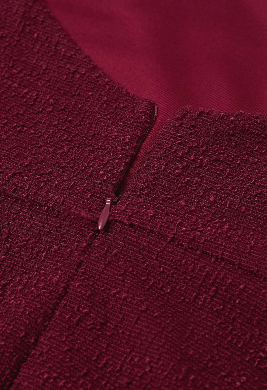 Open Back Sleeveless Tweed Mini Dress in Burgundy