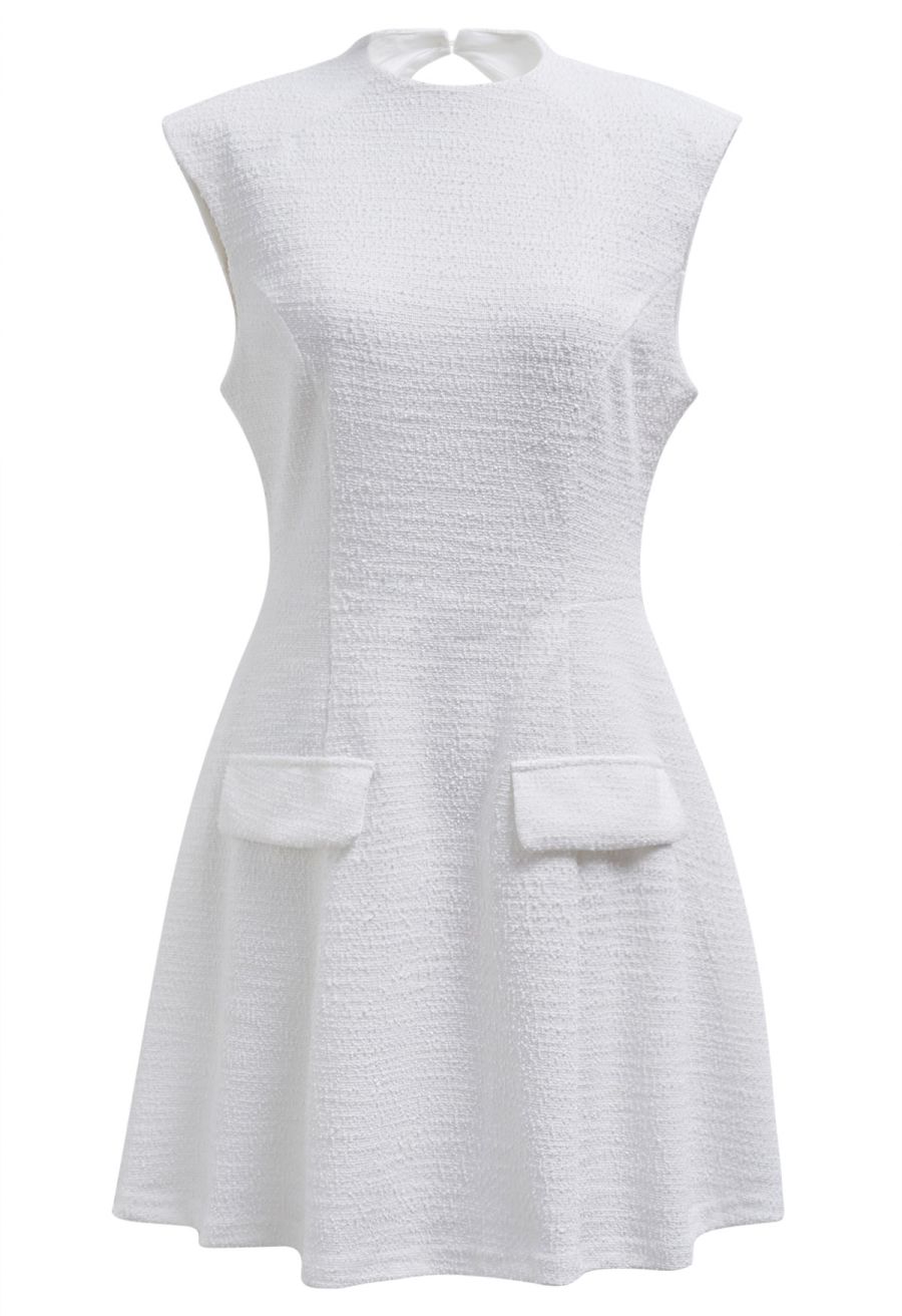 Open Back Sleeveless Tweed Mini Dress in White
