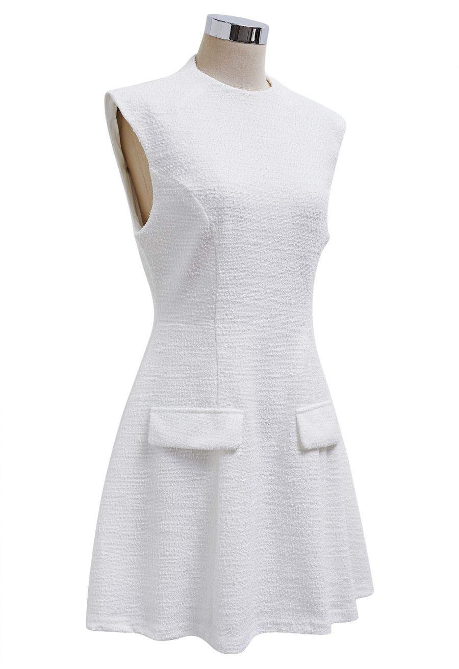 Open Back Sleeveless Tweed Mini Dress in White