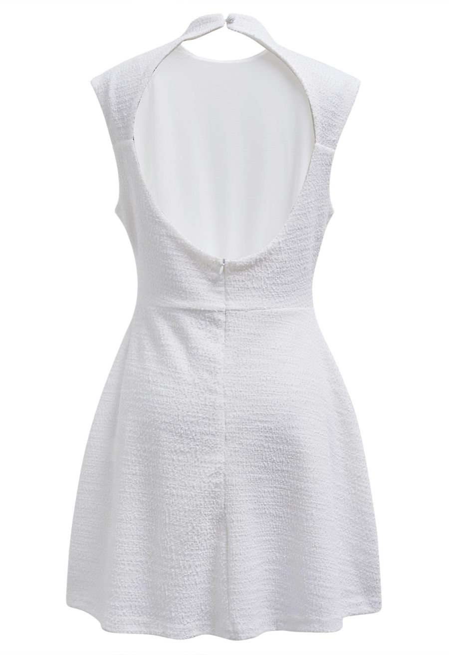 Open Back Sleeveless Tweed Mini Dress in White
